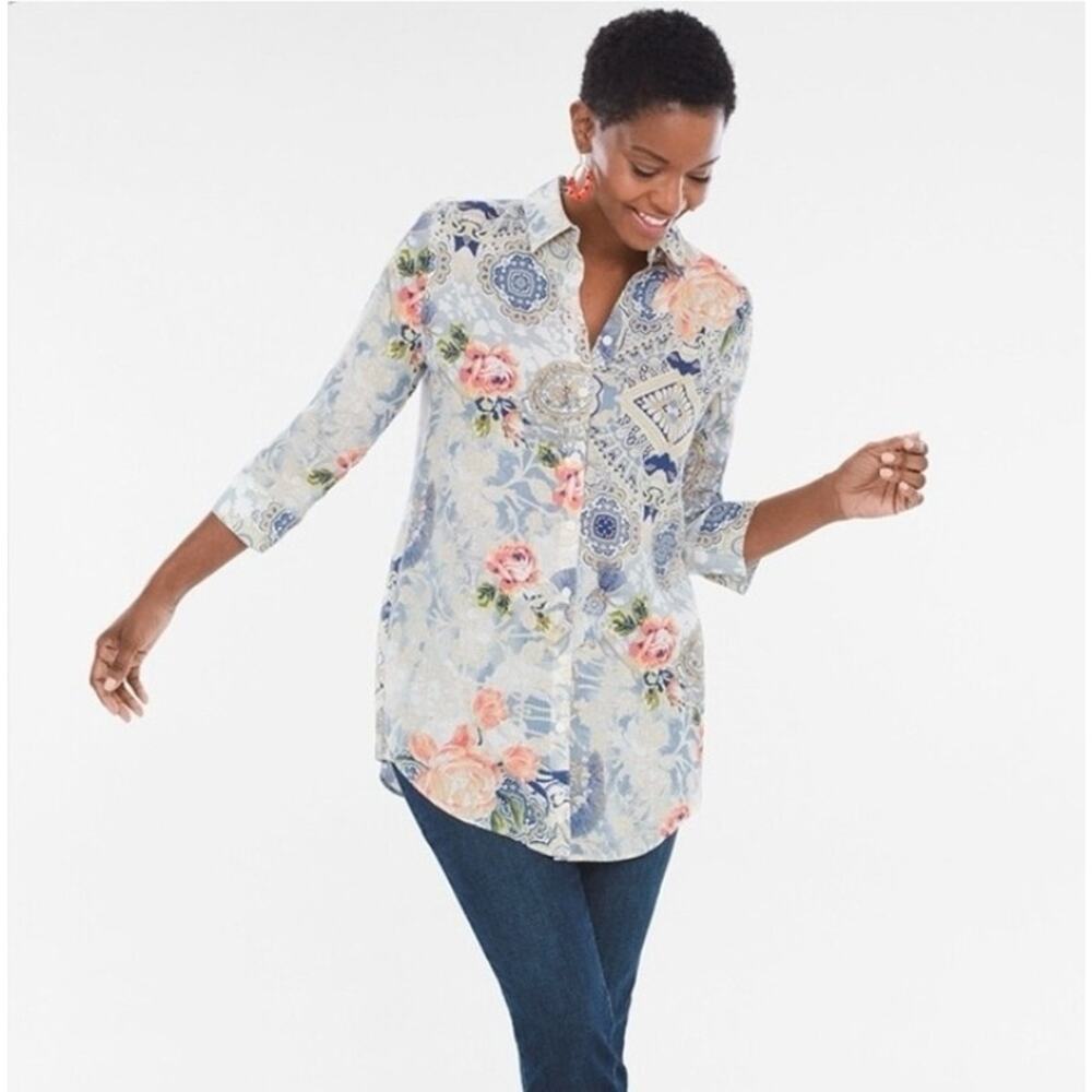 Chico's Top Tunic Top Linen Shirt Women 4 US XXL Blue Floral Shirt No Iron Shirt
